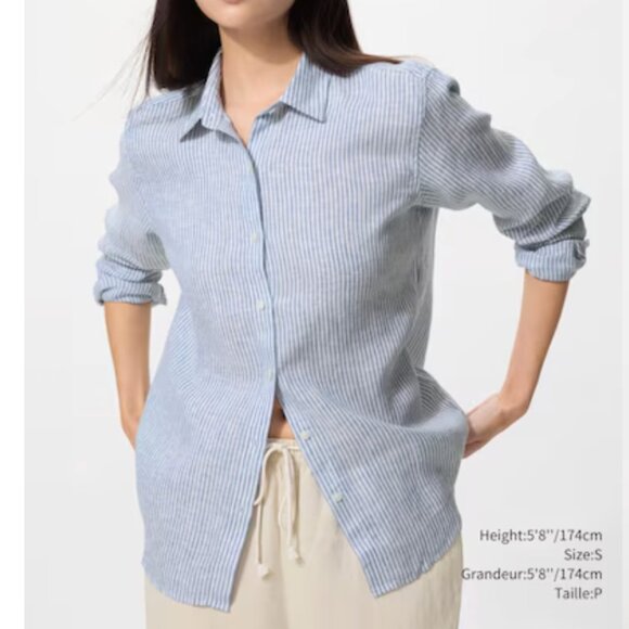 Uniqlo Tops - UNIQLO Blue and White 100% Linen Striped Button Down Shirt Size L